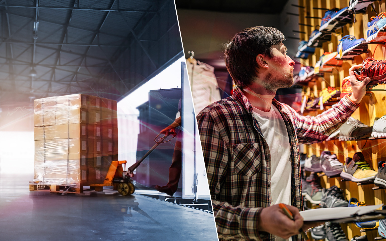 Split screen of warehouse supply chain management and frontline consumer grocery shopping.