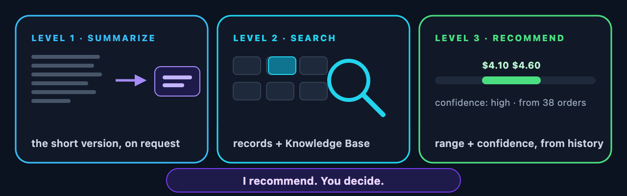 Three cards for levels one to three: Summarize a long document, Search across records and the Knowledge Base, and Recommend a price range with a confidence level.