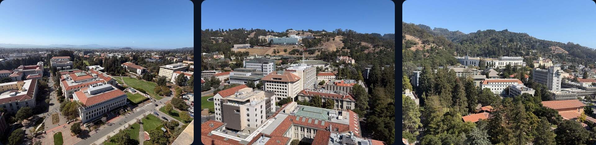 Three views from the top of Sather Tower at UC Berkeley: west over the campus roofs to the bay, east to the hills with labs climbing the slope, and the stadium tucked into the wooded hillside.