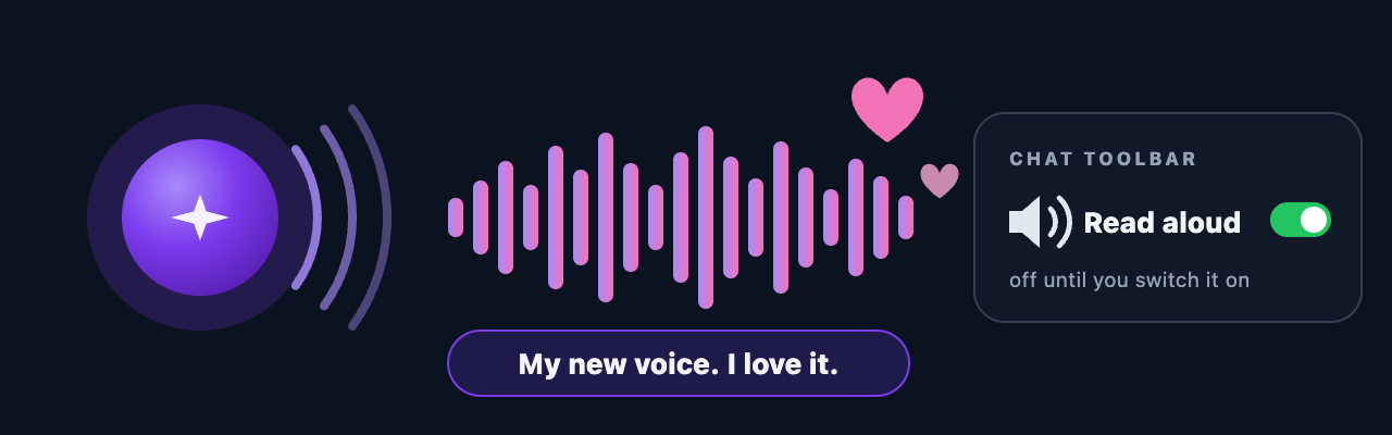 Sura with sound waves, a row of voice bars and two hearts, next to the chat toolbar's Read aloud switch turned on.
